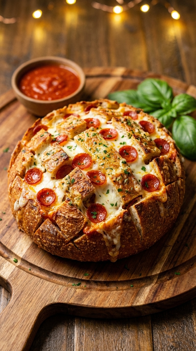 A whole round crusty bread loaf cut in a grid, oozing with melted mozzarella cheese and pepperoni, sitting on a wooden board.