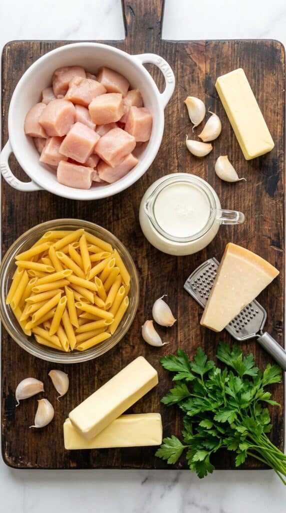 A flat lay showing diced raw chicken, dry pasta, heavy cream, parmesan wedge, butter, and garlic on a wooden board.