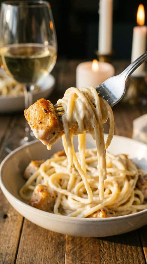 A close-up of a fork holding a piece of seared garlic butter chicken and twirled creamy pasta, with sauce dripping slightly