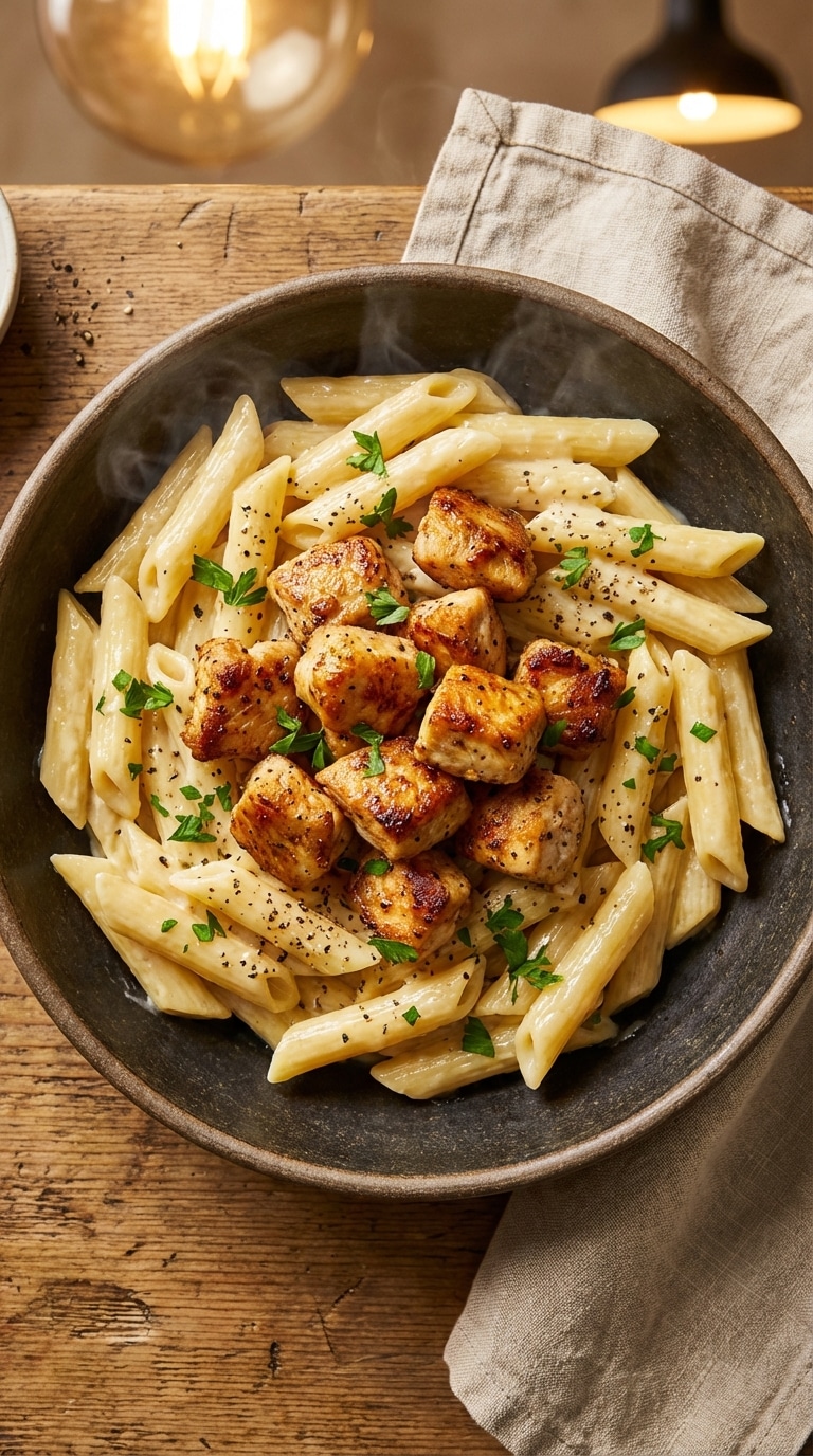 A top-down view of a bowl filled with creamy parmesan penne pasta topped with golden seared garlic butter chicken bites and fresh parsley.