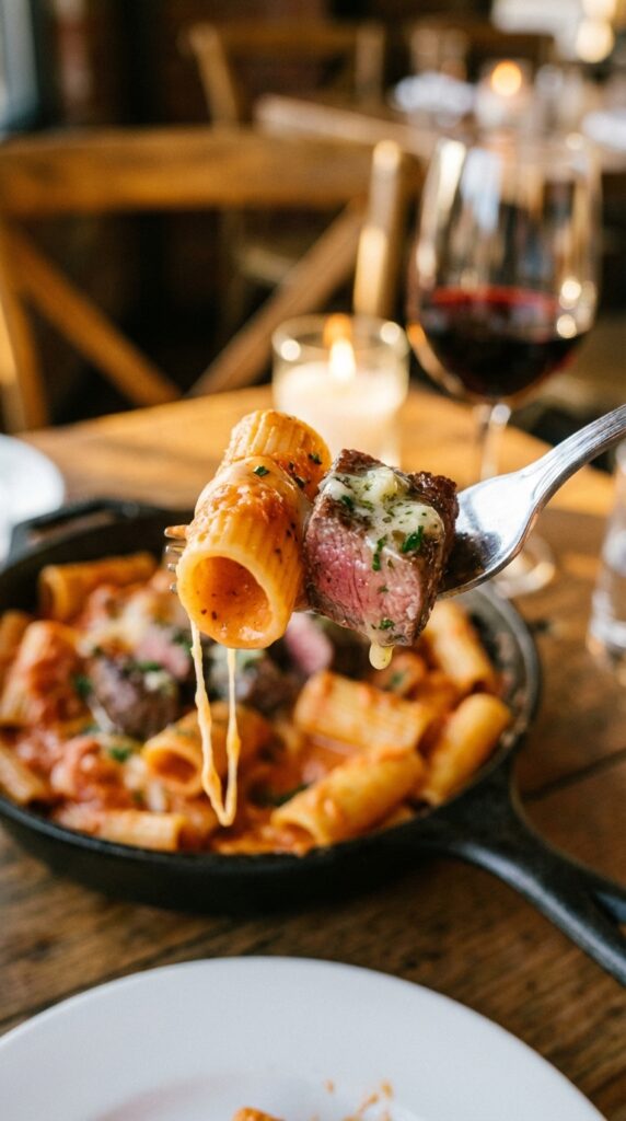 A close-up of a fork holding a creamy rigatoni noodle and a juicy steak tip, with a slight cheese pull.