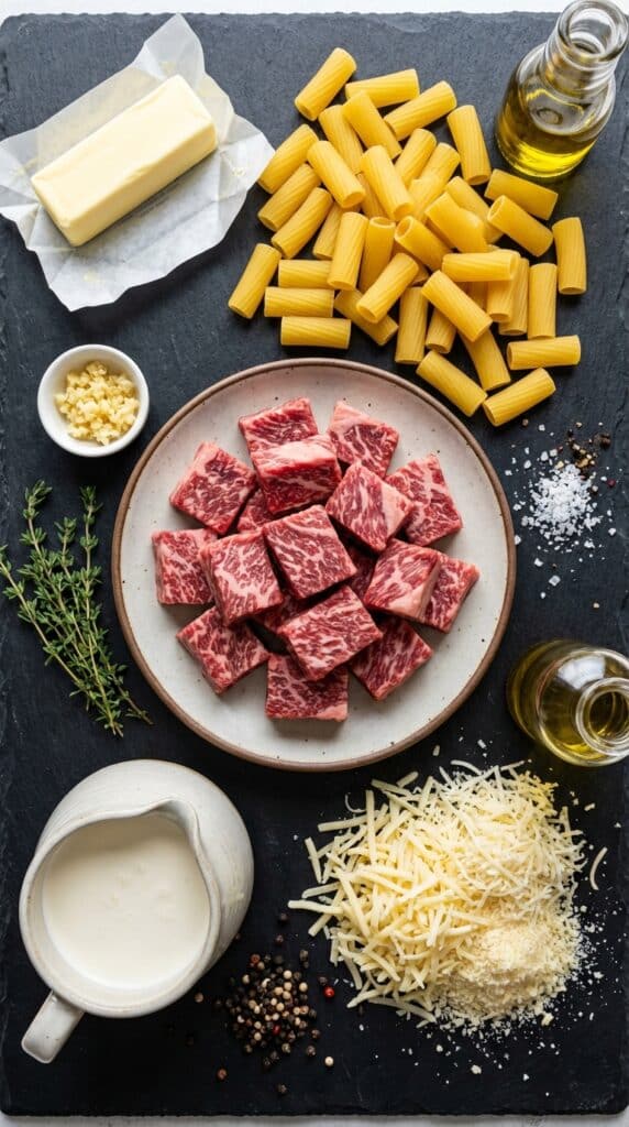 A flat lay showing raw steak cubes, dry rigatoni, butter, garlic, thyme, heavy cream, and grated cheese on a dark slate board.