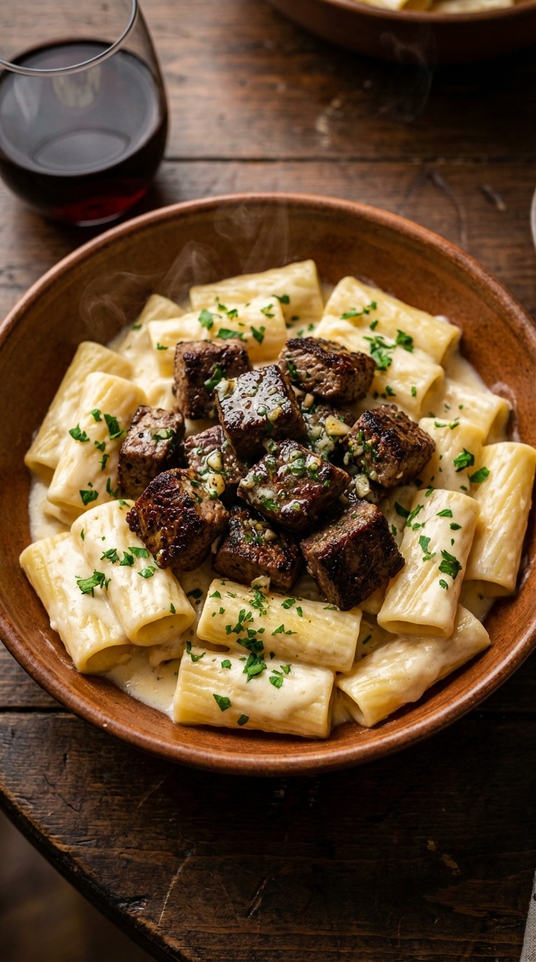 A bowl of rigatoni pasta covered in a creamy cheese sauce, topped with seared garlic butter steak bites and fresh parsley.