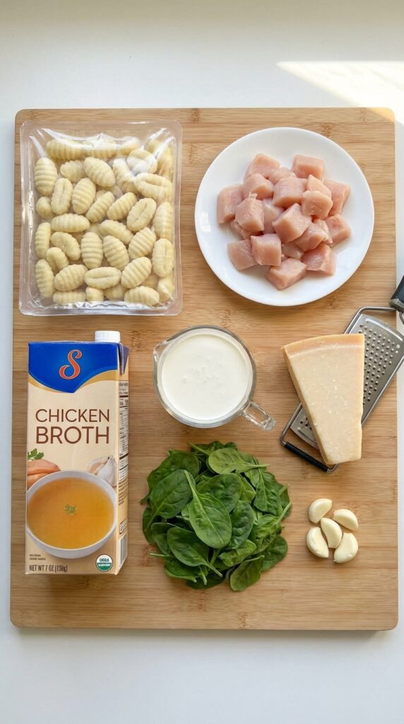 A flat lay showing uncooked potato gnocchi, raw chicken, heavy cream, chicken broth, spinach, parmesan, and garlic on a wooden board.