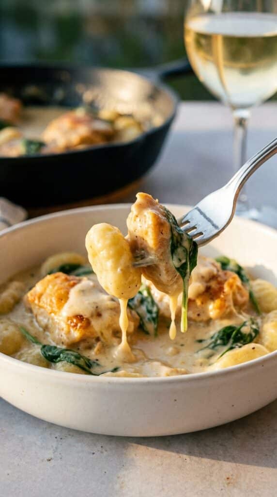 A close-up of a fork lifting a piece of creamy chicken and a pillowy gnocchi from a bowl, with white wine in the background.