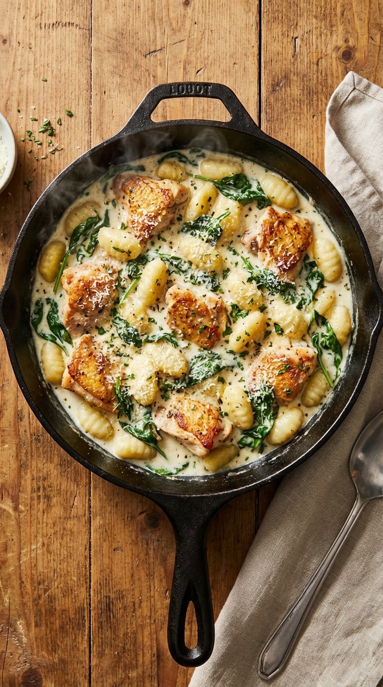 A top-down view of a cast iron skillet filled with creamy garlic chicken, plump potato gnocchi, and fresh spinach.
