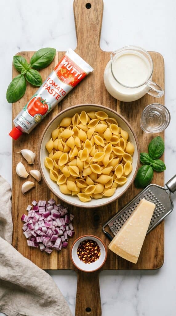 A flat lay showing dry pasta, a tube of tomato paste, heavy cream, garlic, shallot, parmesan, and red pepper flakes on a wooden board.