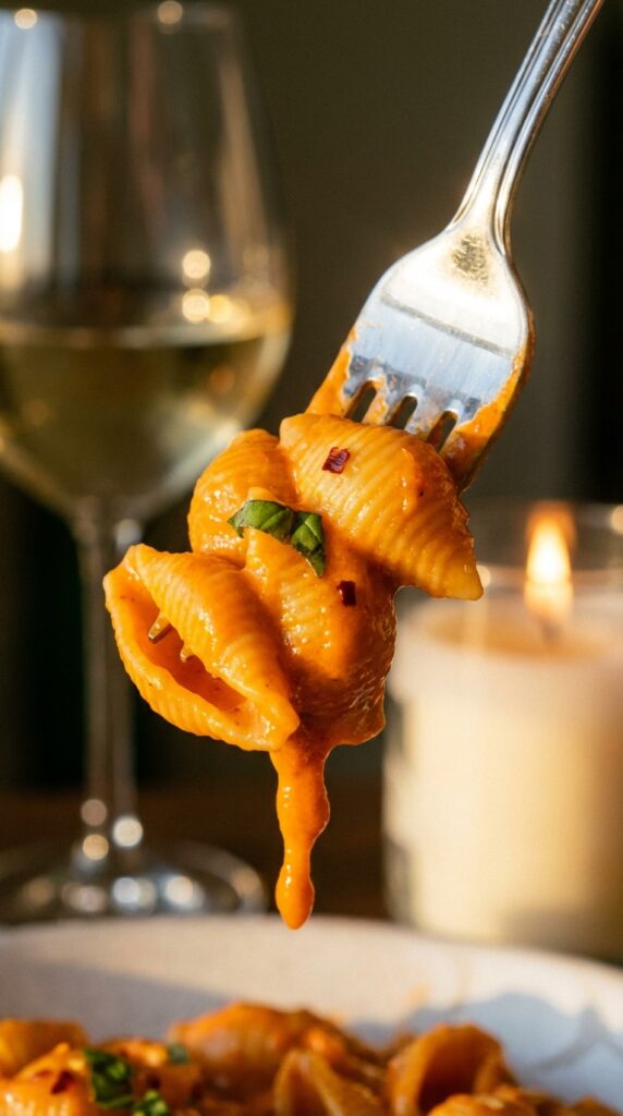 A close-up of a fork twirling pasta heavily coated in a glossy orange cream sauce, with wine in the background.