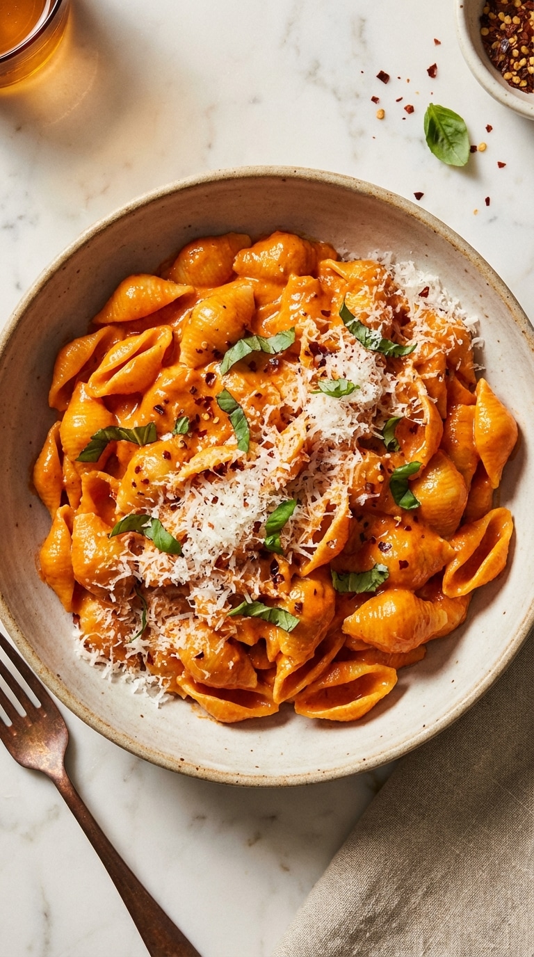 A top-down view of a bowl of shell pasta coated in a creamy orange spicy vodka sauce, topped with parmesan and basil.