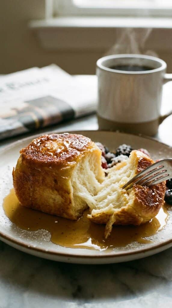 A close-up of a fork cutting into a fluffy piece of Hawaiian roll French toast drenched in maple syrup, with a coffee mug in the background.