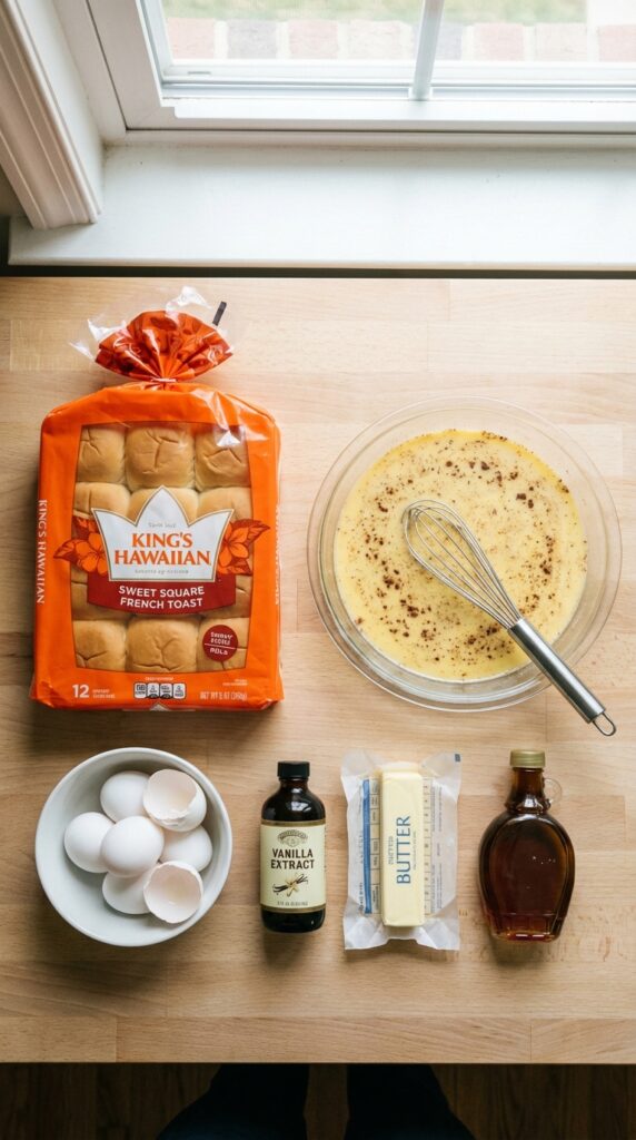 A flat lay showing a package of Hawaiian rolls, a bowl of cinnamon egg custard, whole eggs, vanilla, butter, and syrup on a wooden board.