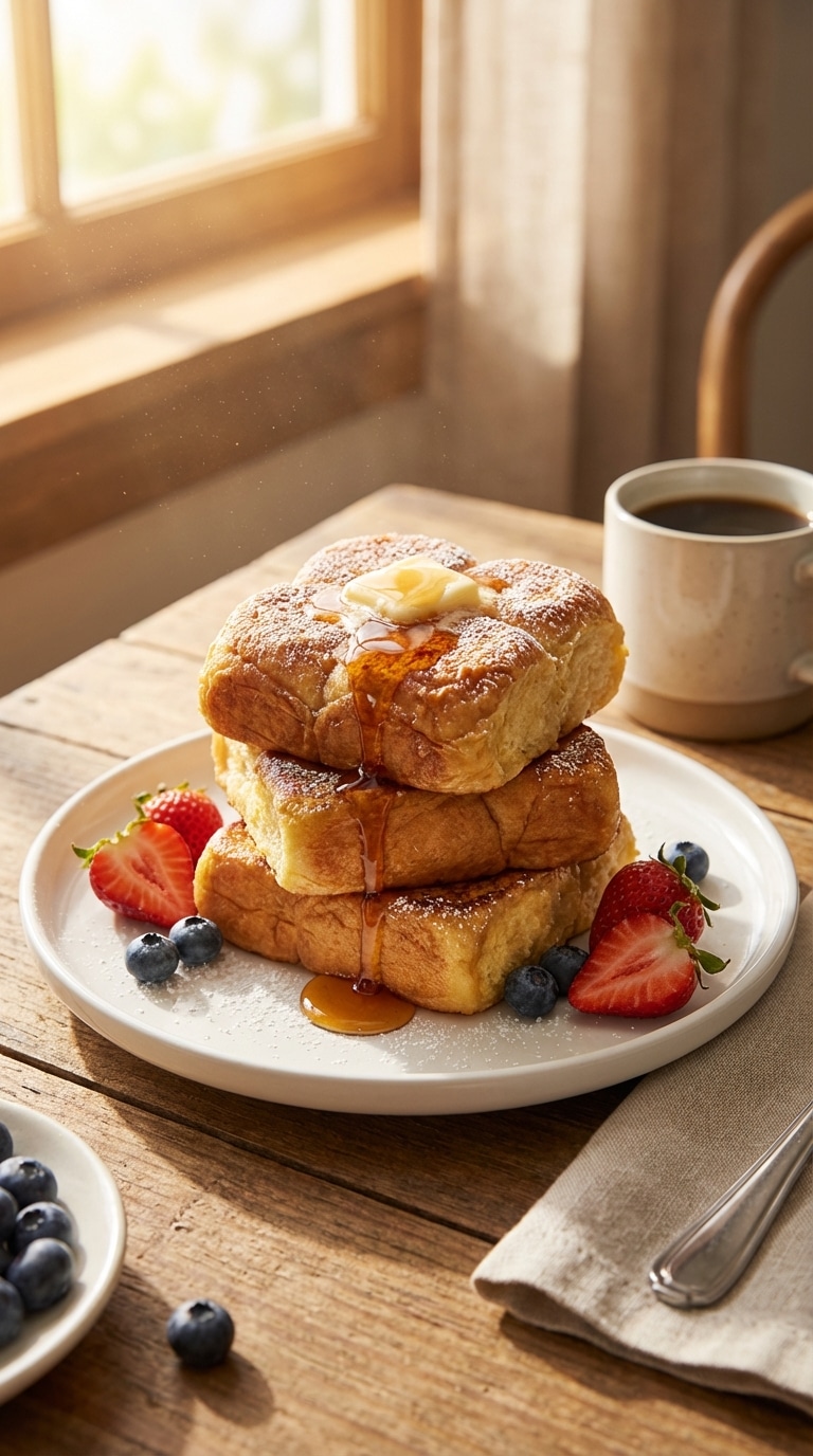 A stack of golden brown, square Hawaiian roll French toast topped with melting butter, maple syrup, powdered sugar, and fresh berries.