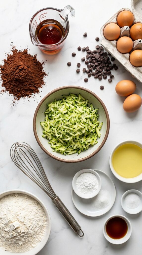 A flat lay showing grated zucchini, cocoa powder, chocolate chips, eggs, and maple syrup on a marble board.