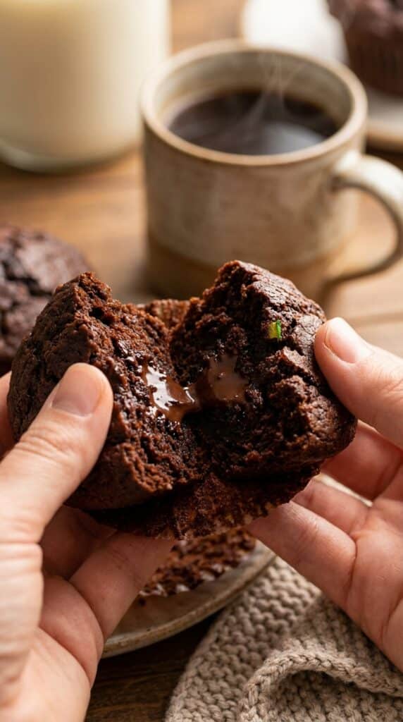A close-up of a chocolate zucchini muffin broken in half, showing a moist, fudgy center with melted chocolate.