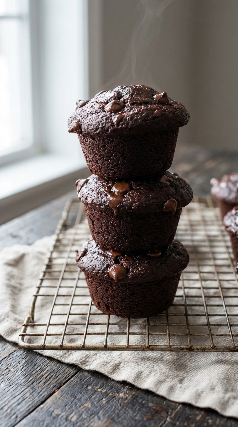A stack of moist, dark chocolate zucchini muffins on a wire cooling rack with melted chocolate chips on top.