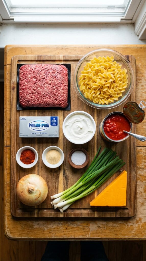 A flat lay showing ground beef, wide egg noodles, cream cheese, sour cream, canned tomatoes, and cheddar cheese on a wooden board.