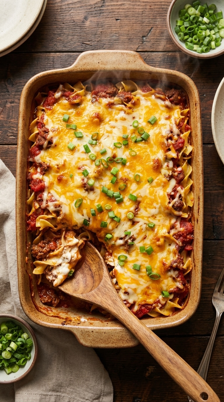 A top-down view of a 9x13 baking dish filled with Beef Lombardi casserole, featuring bubbly melted cheese, ground beef, and egg noodles, with one scoop removed to show the layers.