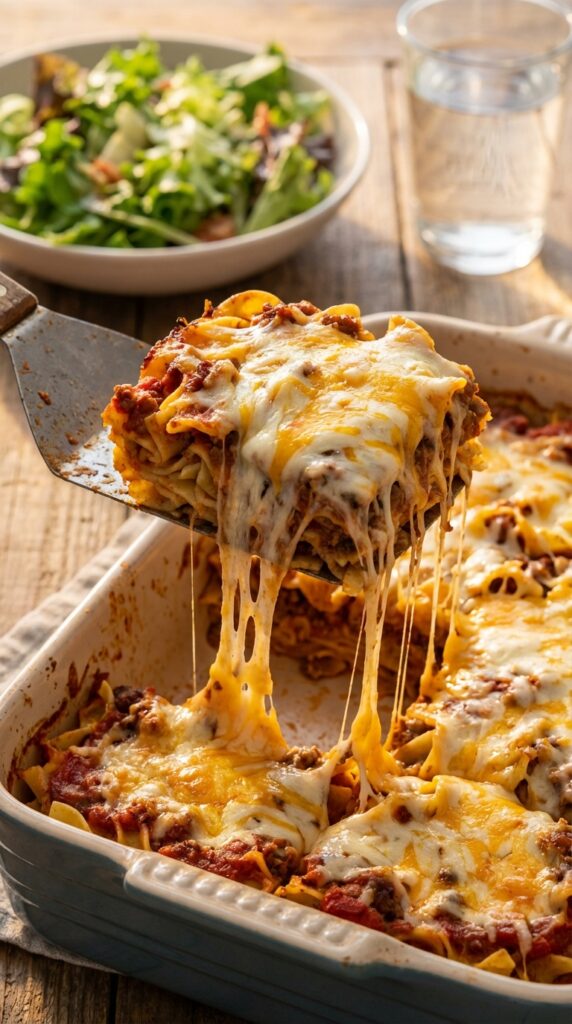 A close-up of a spatula lifting a heavy, cheesy square of beef and noodle casserole with a long cheese pull stretching to the pan.