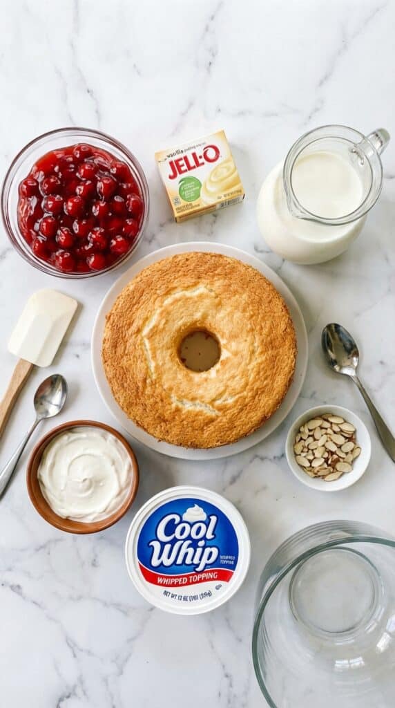 A flat lay showing an angel food cake, cherry pie filling, vanilla pudding mix, milk, sour cream, whipped topping, and almonds on a marble board.