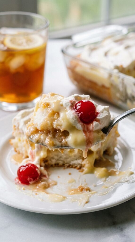 A close-up of a spoon lifting a messy, creamy bite of layered angel food cake and cherry dessert from a white plate.