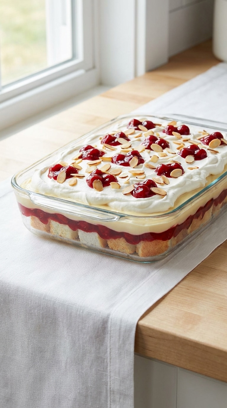A clear glass baking dish showing layers of angel food cake, cherry filling, vanilla pudding, and whipped cream topped with almonds
