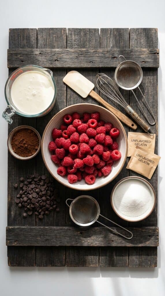 A flat lay showing fresh raspberries, dark chocolate chips, heavy cream, cocoa powder, and gelatin on a dark wooden board.
