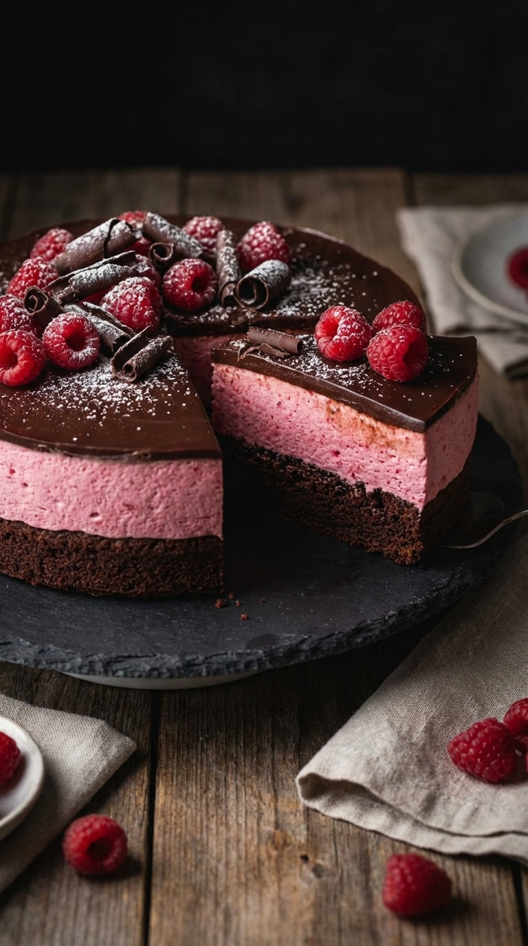 A whole layered raspberry chocolate mousse cake on a slate stand with one slice removed, showing chocolate cake, pink mousse, and glossy ganache layers.