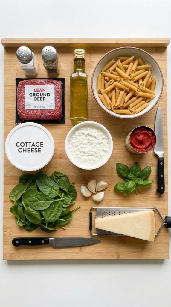 A flat lay showing raw ground beef, protein pasta, a tub of cottage cheese, tomato paste, spinach, and garlic on a wooden board.