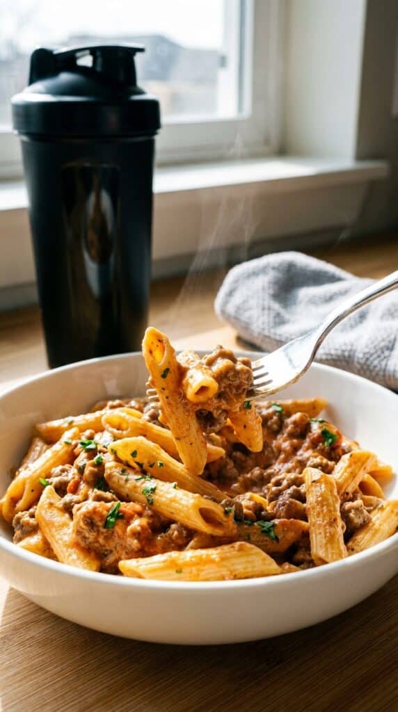 A close-up of a fork holding a bite of creamy beef pasta, with a protein shaker bottle blurred in the background.