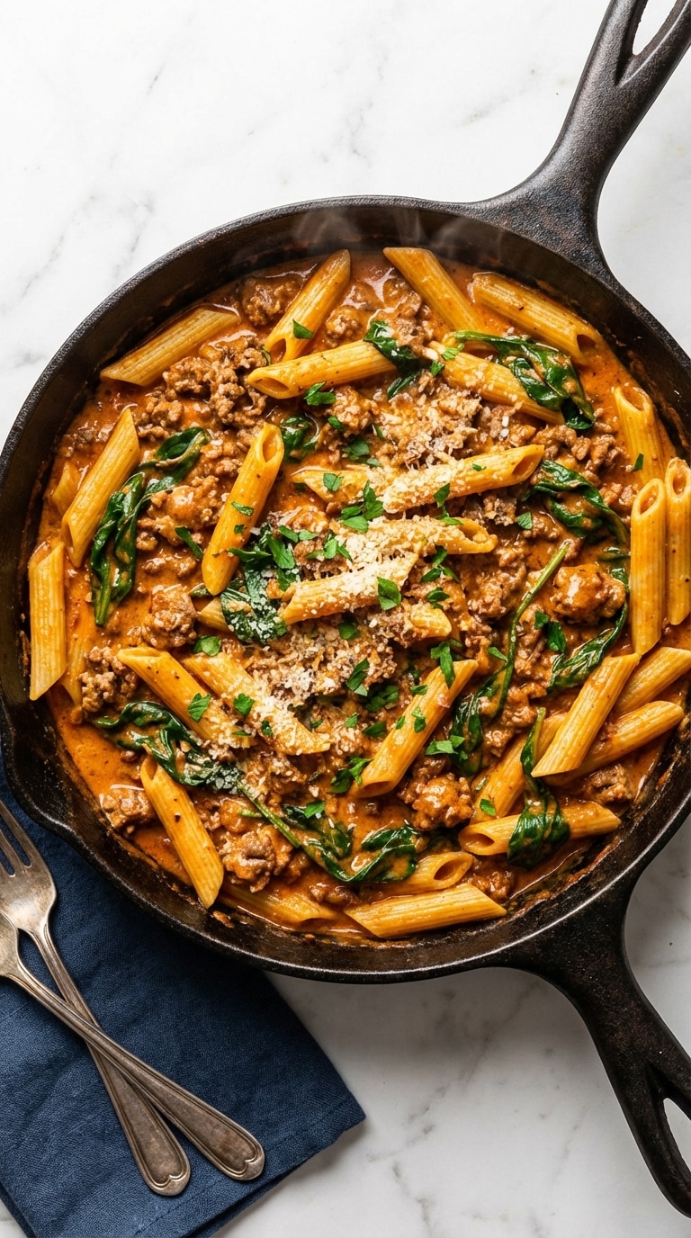 A top-down view of a cast iron skillet filled with creamy tomato beef pasta, spinach, and parmesan cheese.
