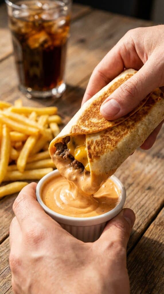 A close-up of a hand dipping a crispy beef and cheese wrap into a small bowl of creamy orange burger sauce, with fries in the background.