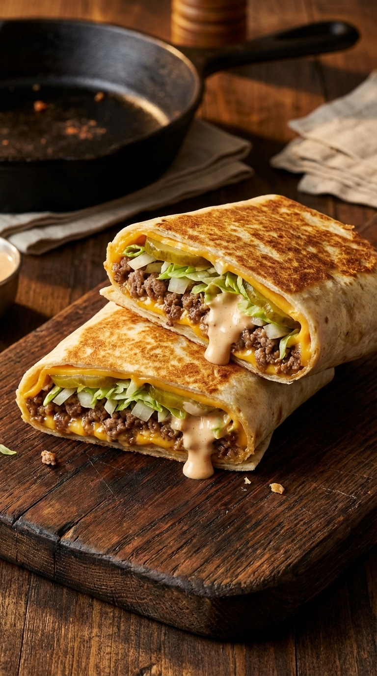 A toasted flour tortilla wrap cut in half, filled with a smashed beef patty, melted cheese, lettuce, pickles, and dripping secret sauce.