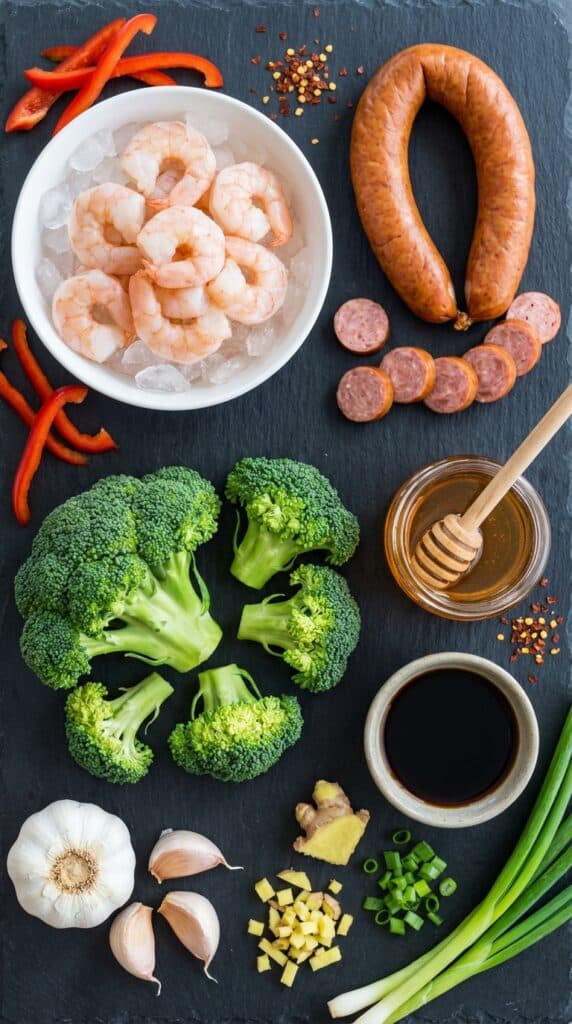 A flat lay showing raw shrimp, smoked sausage, fresh broccoli, honey, soy sauce, and garlic on a dark slate board.
