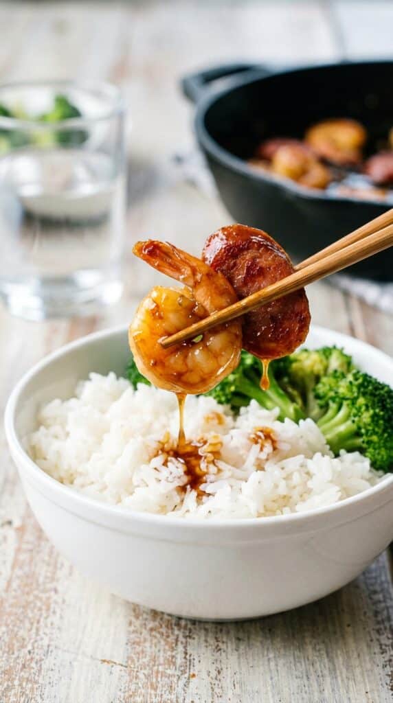 A close-up of chopsticks lifting a sticky glazed shrimp and a slice of sausage over a bowl of rice and broccoli.