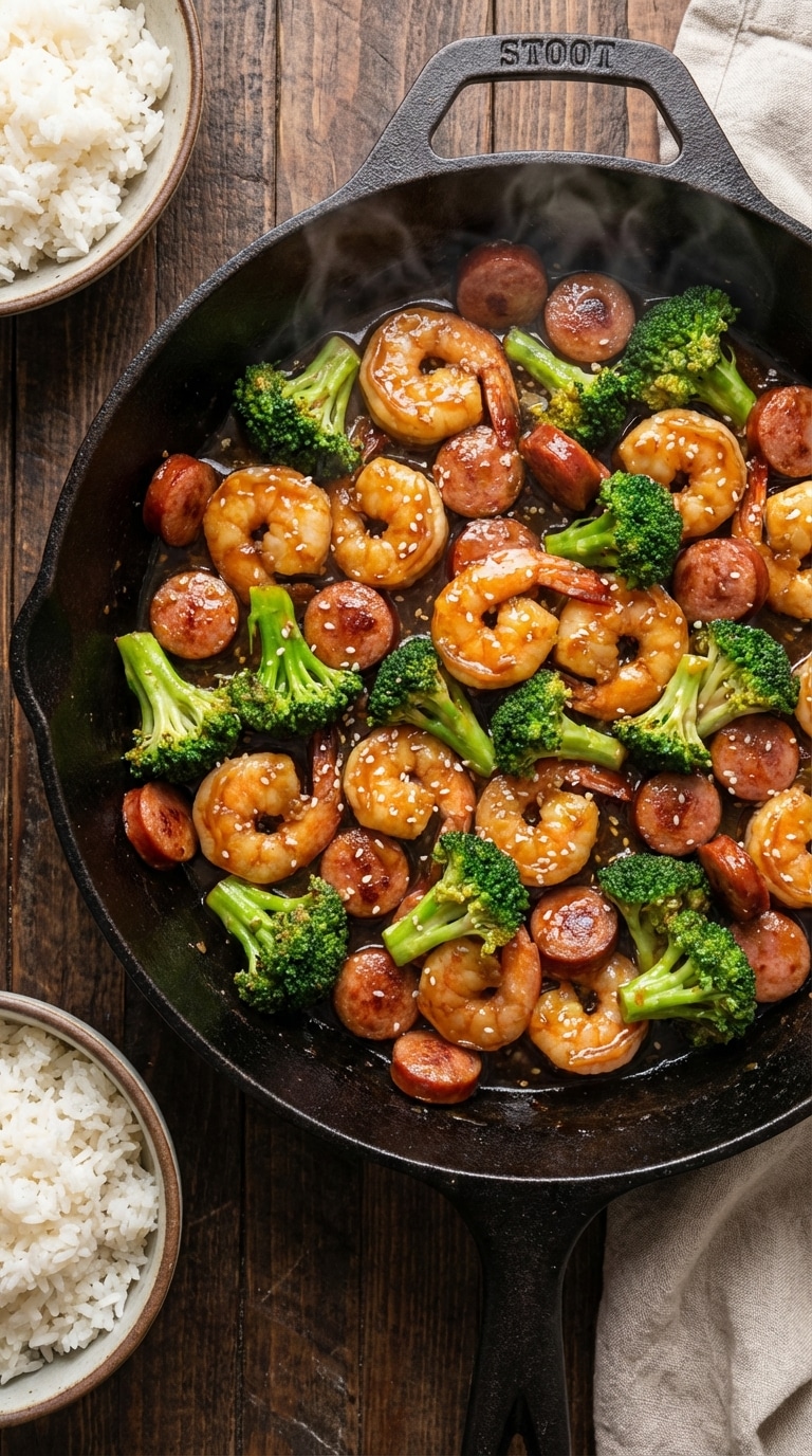 A top-down view of a cast iron skillet filled with glossy honey garlic shrimp, sliced sausage, and broccoli.