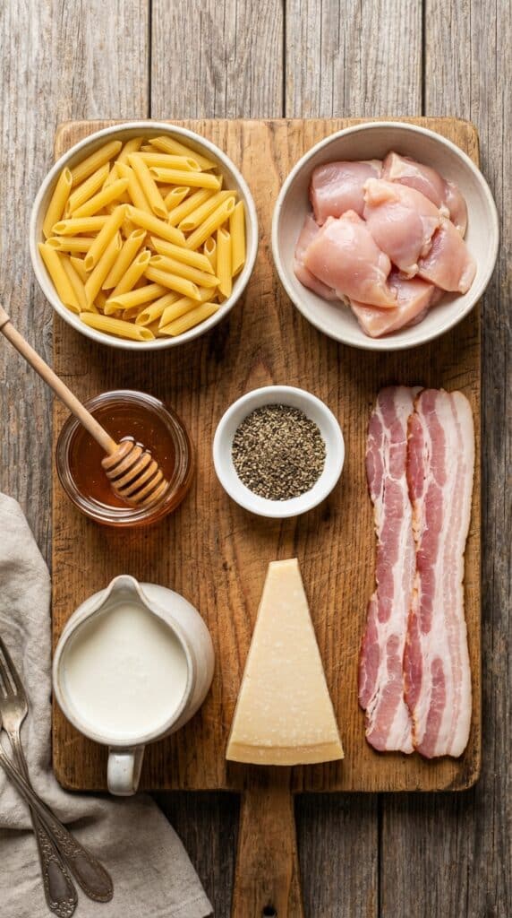 Overhead flat lay showing penne pasta, raw chicken, honey, black pepper, heavy cream, bacon, and Parmesan cheese on a wooden board.