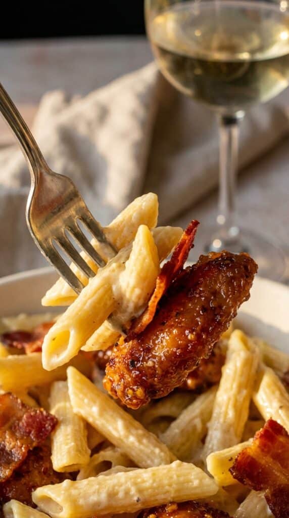 A close-up of a fork holding creamy penne pasta, a piece of honey pepper chicken, and bacon.