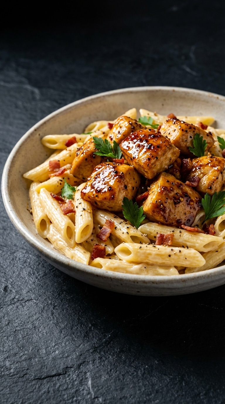 A bowl of creamy penne pasta topped with sticky honey pepper glazed chicken and crispy bacon bits.