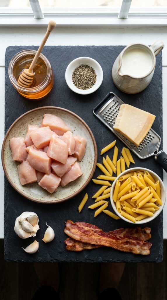 A flat lay showing raw chicken, honey, heavy cream, parmesan, dry penne, bacon, and black pepper on a dark slate board.picy Delight