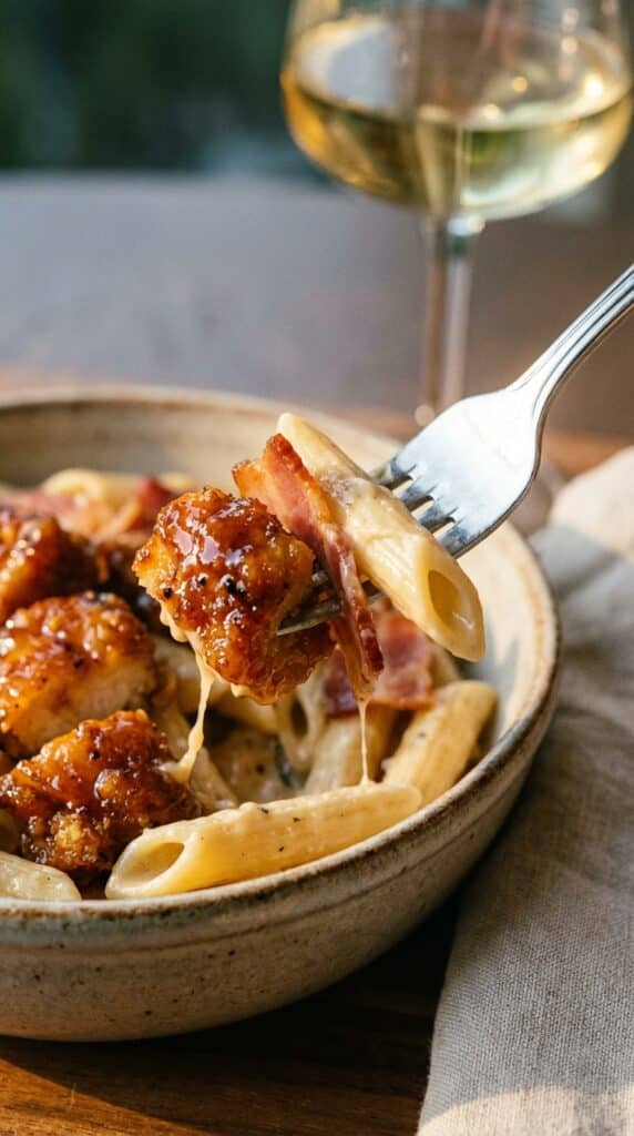 A close-up of a fork lifting a bite of creamy pasta, glazed chicken, and bacon from a bowl.