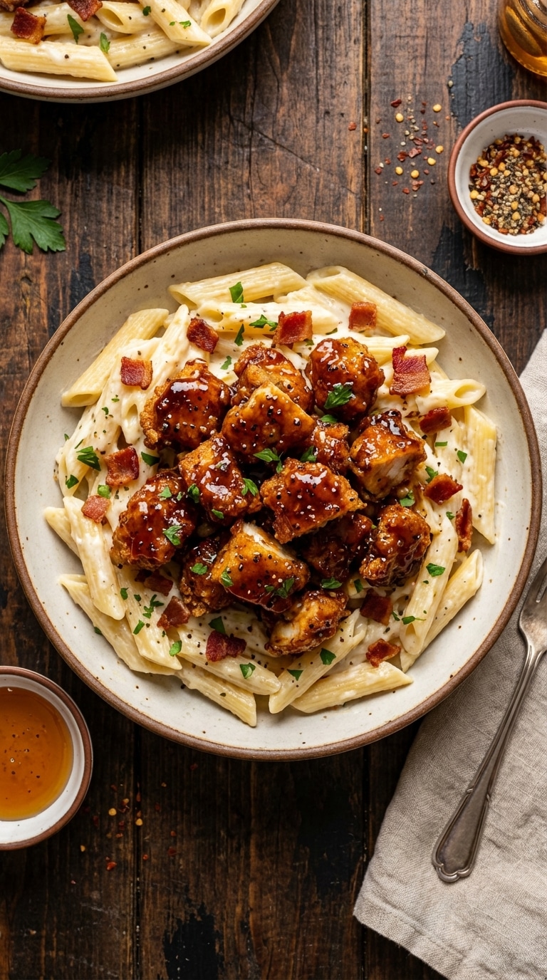 A top-down view of penne pasta in a creamy white sauce, topped with shiny glazed honey pepper chicken chunks, bacon, and parsley.