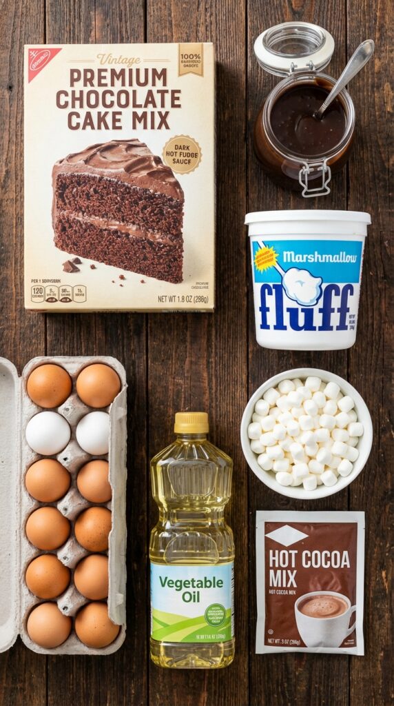 A flat lay showing a box of chocolate cake mix, hot fudge, marshmallow fluff, mini marshmallows, eggs, and cocoa mix on a wooden board.
