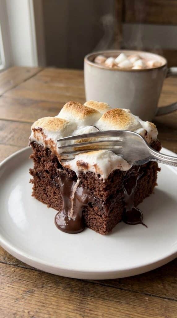 A close-up of a fork cutting into a slice of chocolate poke cake, showing gooey hot fudge oozing from the center, with a mug of hot cocoa in the background.