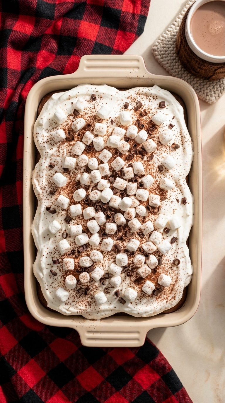 A 9x13 baking dish filled with chocolate cake topped with a thick layer of marshmallow fluff, mini marshmallows, and a dusting of cocoa powder.