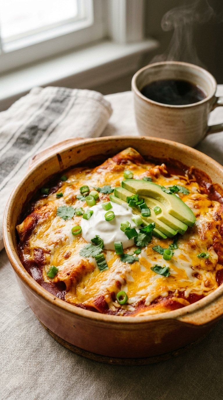 A close-up view of a round baking dish containing cheesy breakfast enchiladas covered in red sauce and topped with avocado, sour cream, green onions, and cilantro on a morning table.