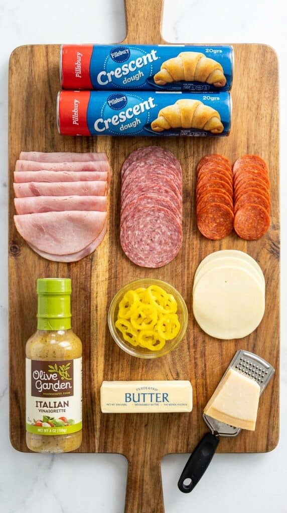 A flat lay showing tubes of crescent dough, deli meats, provolone cheese, banana peppers, and Italian dressing on a wooden board.