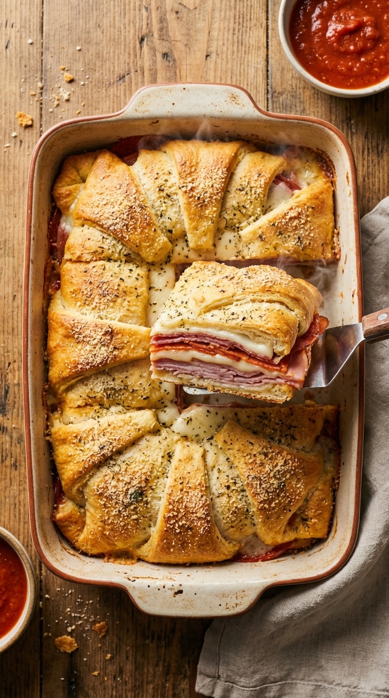 A 9x13 baking dish with a golden-brown crescent roll crust, with one square cut out showing layers of Italian meats and melted cheese.