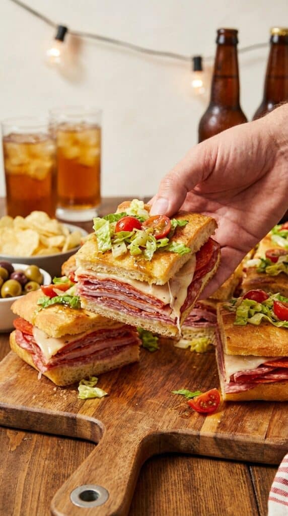 A close-up of a hand lifting an Italian sub square, showing layers of meat, melted cheese, and fresh salad topping.
