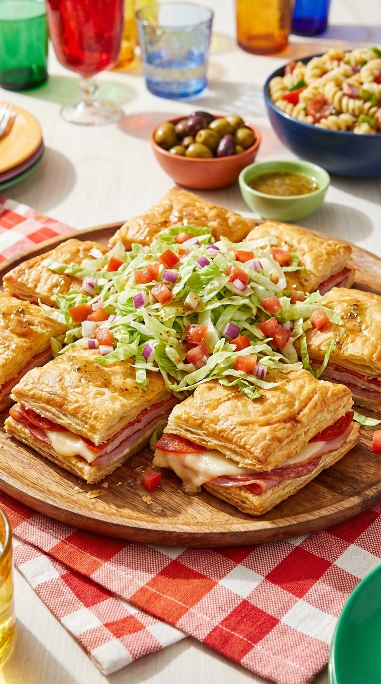 A wooden platter filled with baked pastry squares layered with deli meats and cheese, topped with fresh lettuce, tomatoes, and Italian dressing.