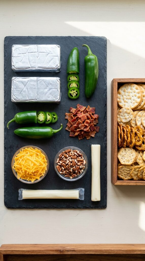 A flat lay showing cream cheese, jalapeños, bacon, cheddar, pecans, and string cheese on a dark slate surface.